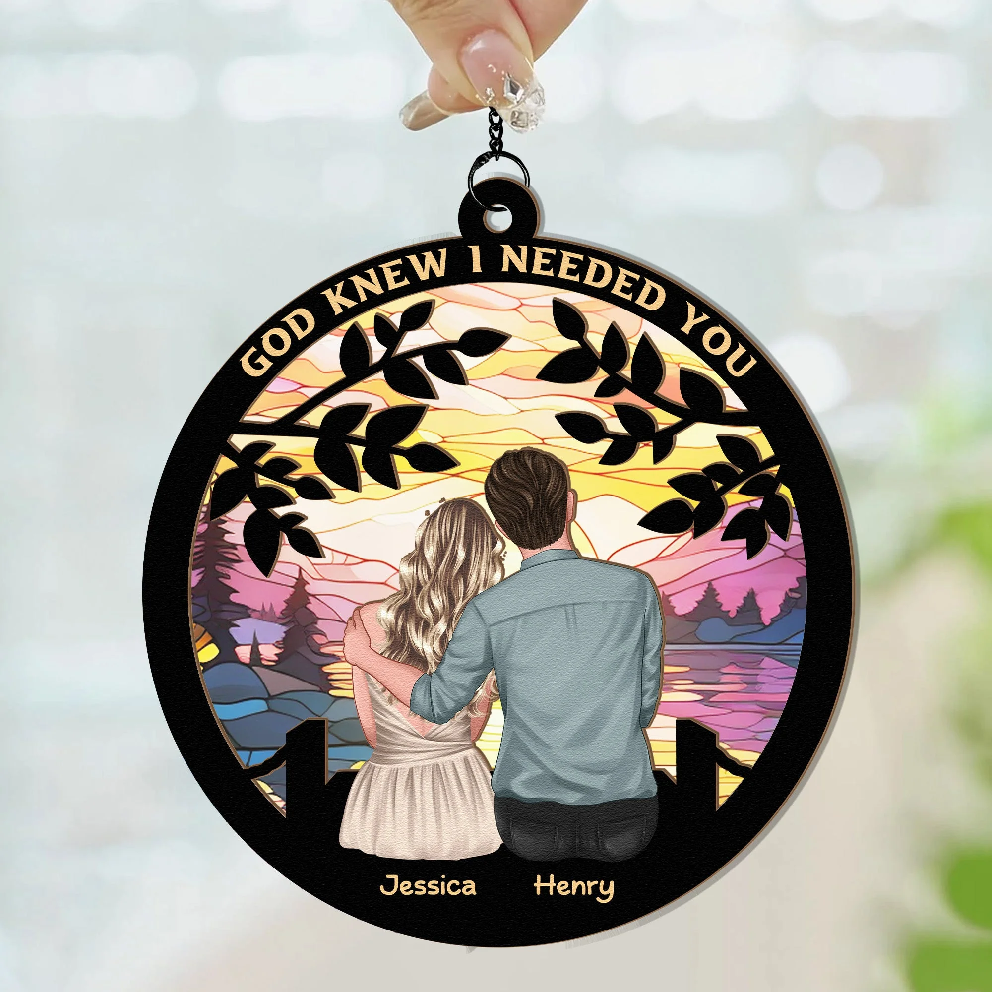 God Knew I Needed You Sunset Lake Wood and Acrylic Layered Ornament – Romantic Gift for Couples - Image 5